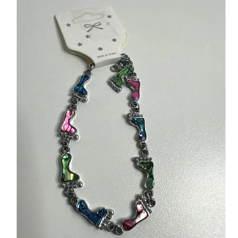 BOHO Silver Tone Foot Link Abalone Tennis Bracelet Lobster Clasp 7